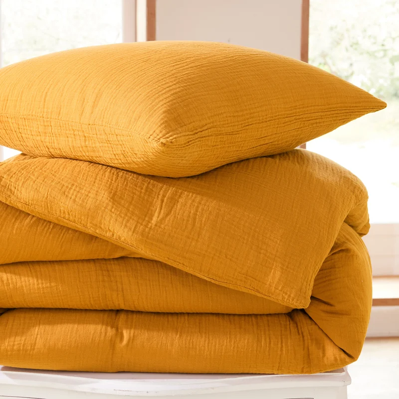 Pack 2 pièces Housse de couette 140x200cm + 1 taie d'oreiller 65X65cm gaze de coton Curry