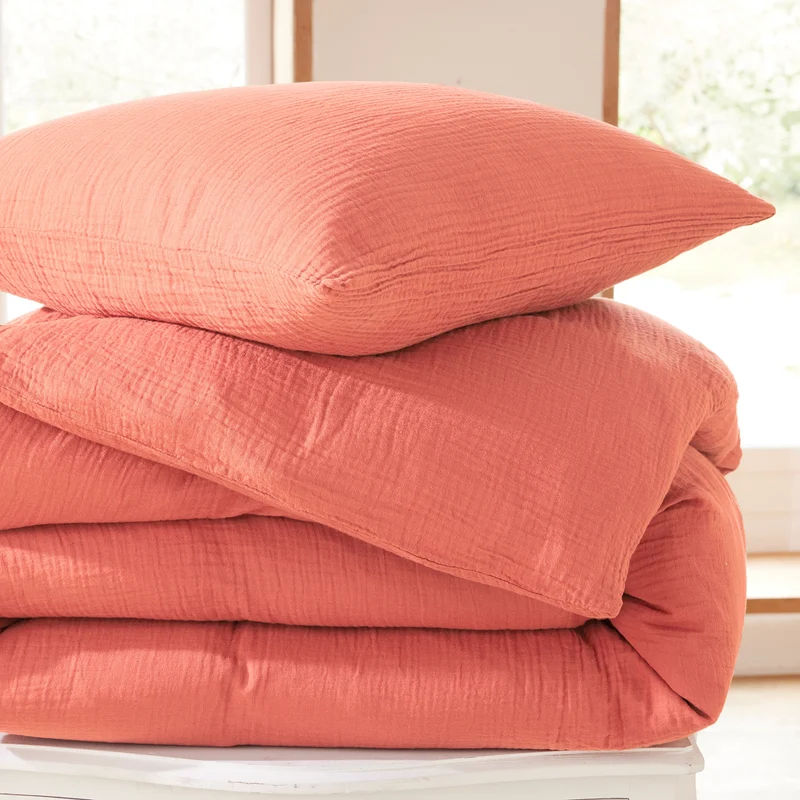 Pack 2 pièces Housse de couette 140x200cm + 1 taie d'oreiller 65X65cm gaze de coton Blush
