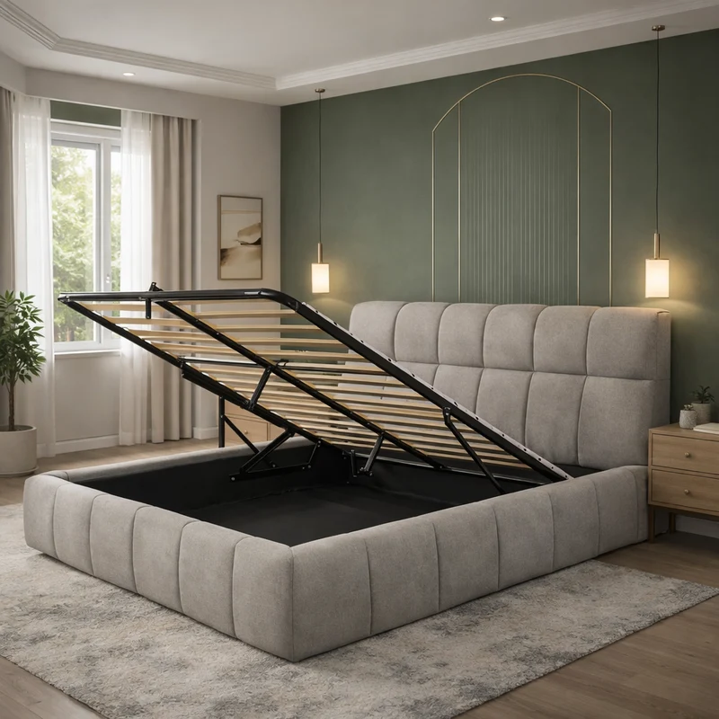 Aneto - Lit coffre tissu chenille, tête de lit, grand espace de stockage