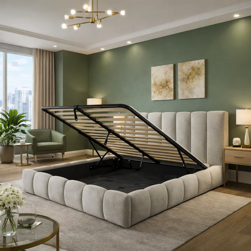 Everest - Lit coffre tissu épais, tête de lit, grand espace de stockage