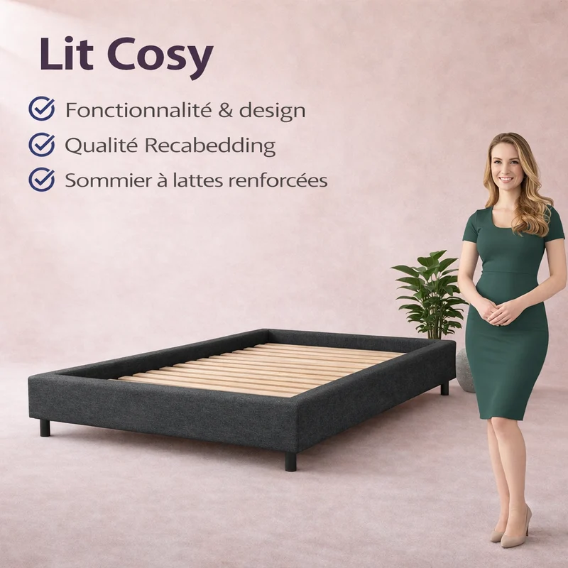 Cosy - Lit sans tête de lit cadre de lit en tissu Gris foncé