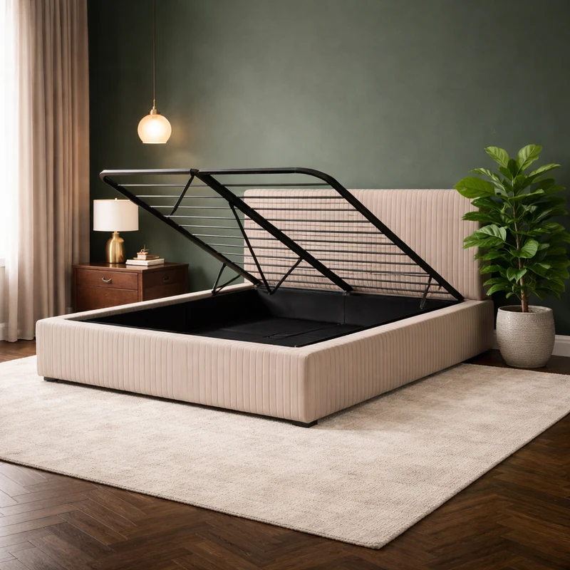 Loft - Lit coffre avec tête de lit et grand coffre Velours côtelé Gris
