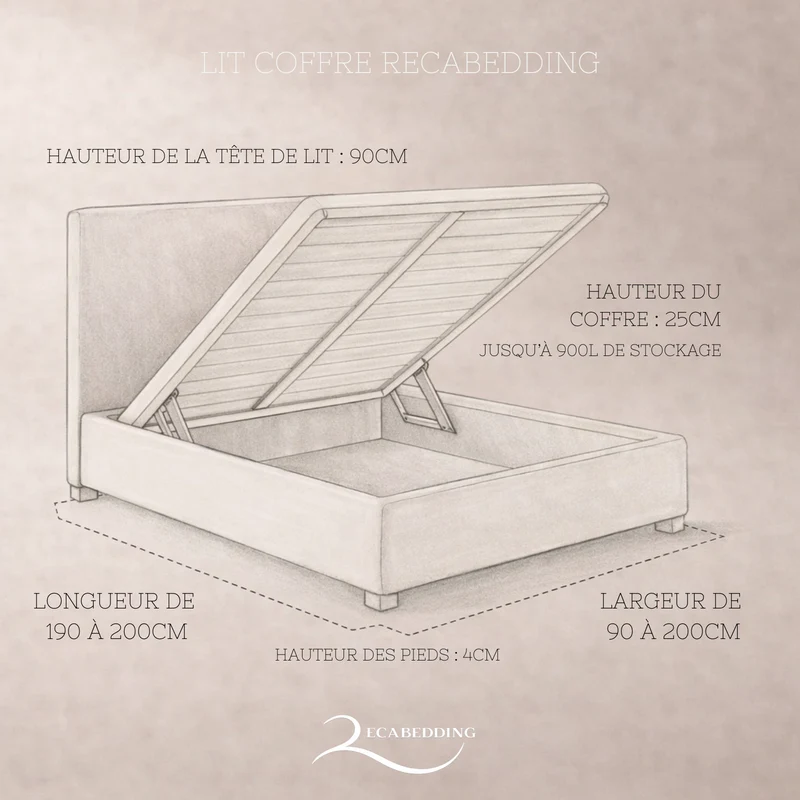 Loft - Lit coffre avec tête de lit et grand coffre Tissu bouclette Gris