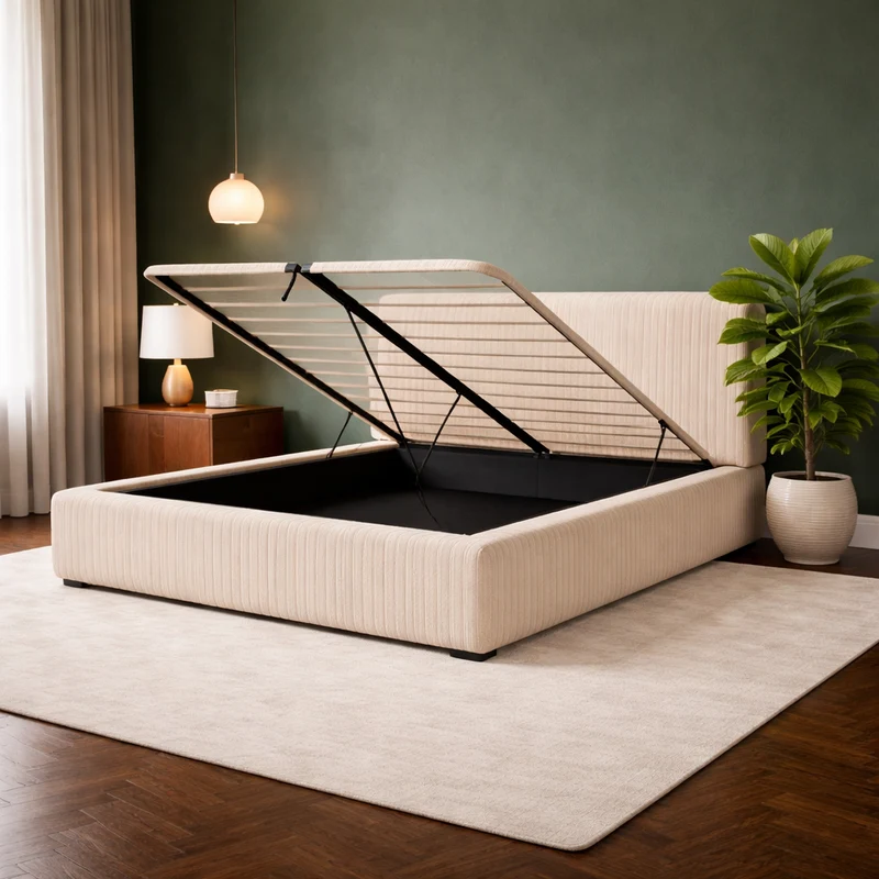 Loft - Lit coffre avec tête de lit et grand coffre Velours côtelé Beige
