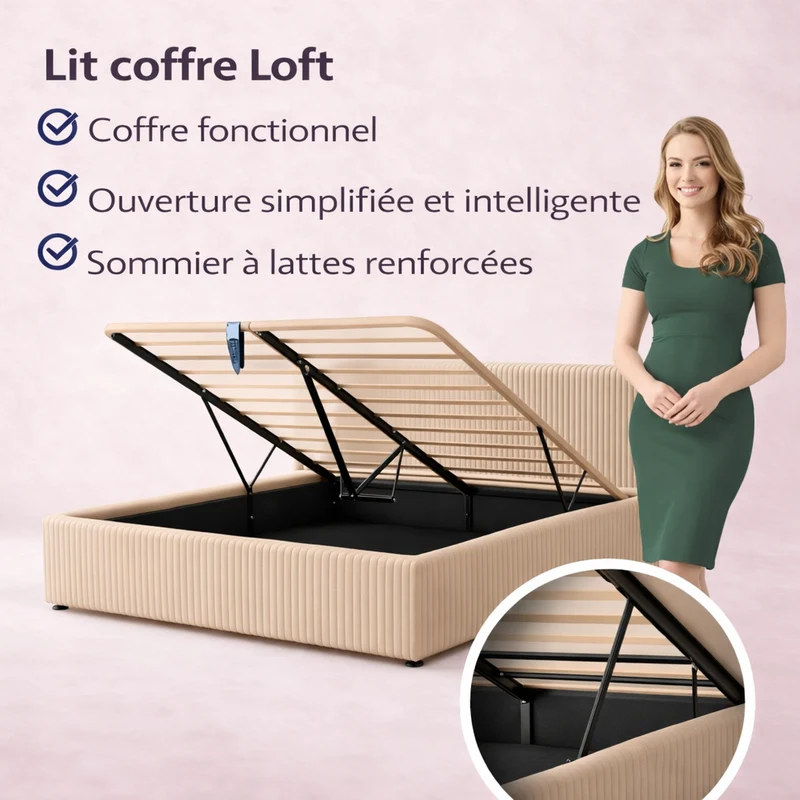 Loft - Lit coffre avec tête de lit et grand coffre Velours côtelé Beige