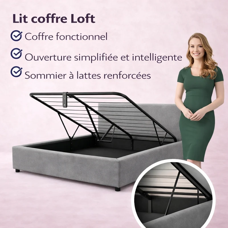 Loft - Lit coffre avec tête de lit et grand coffre Tissu bouclette Gris