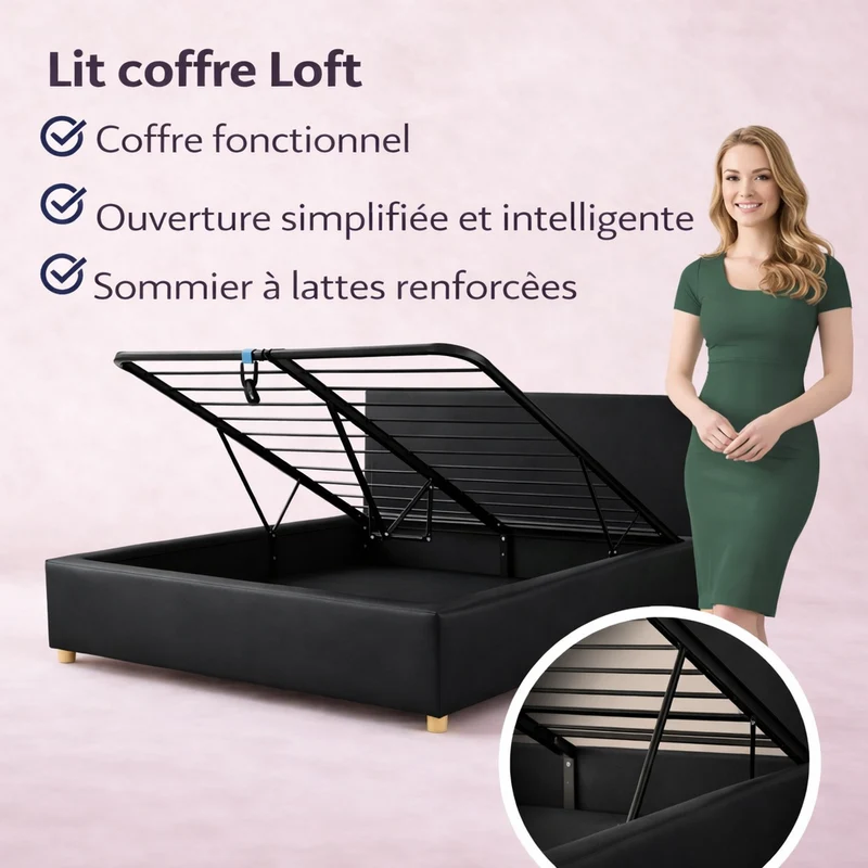 Loft - Lit coffre avec tête de lit et grand coffre simili cuir Noir