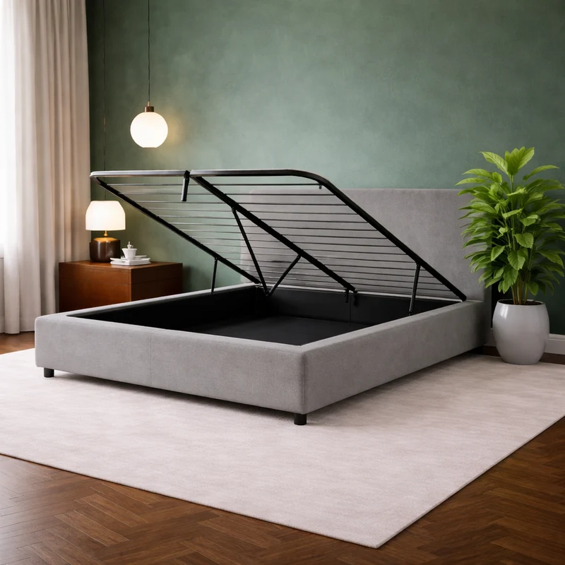 Loft - Lit coffre avec tête de lit et grand coffre simili cuir Gris