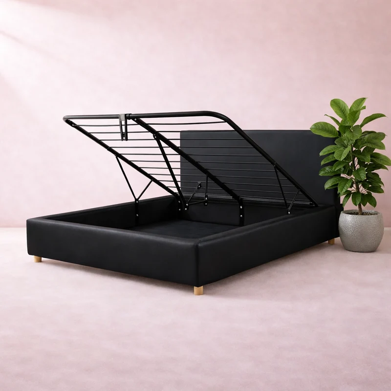 Loft - Lit coffre avec tête de lit et grand coffre simili cuir Noir