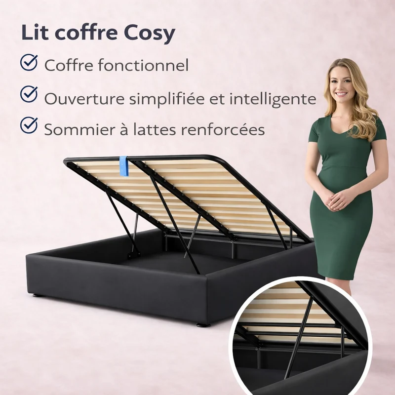 Cosy - Lit coffre innovant et cadre de lit en simili cuir Noir