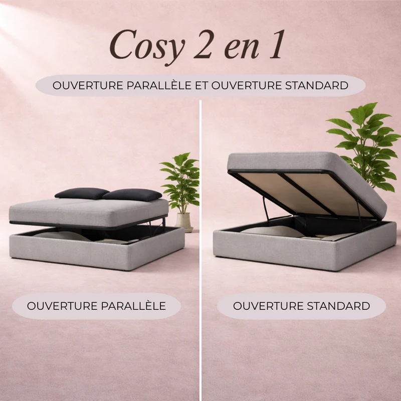 Cosy - Lit coffre innovant et cadre de lit en tissu Gris clair