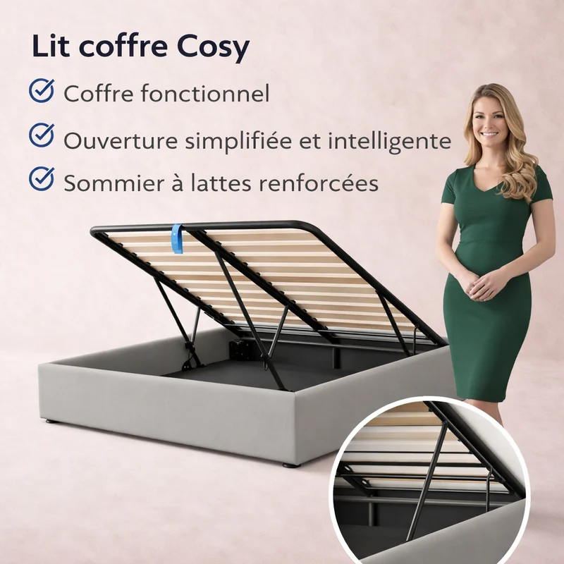 Cosy - Lit coffre innovant et cadre de lit en tissu Gris clair