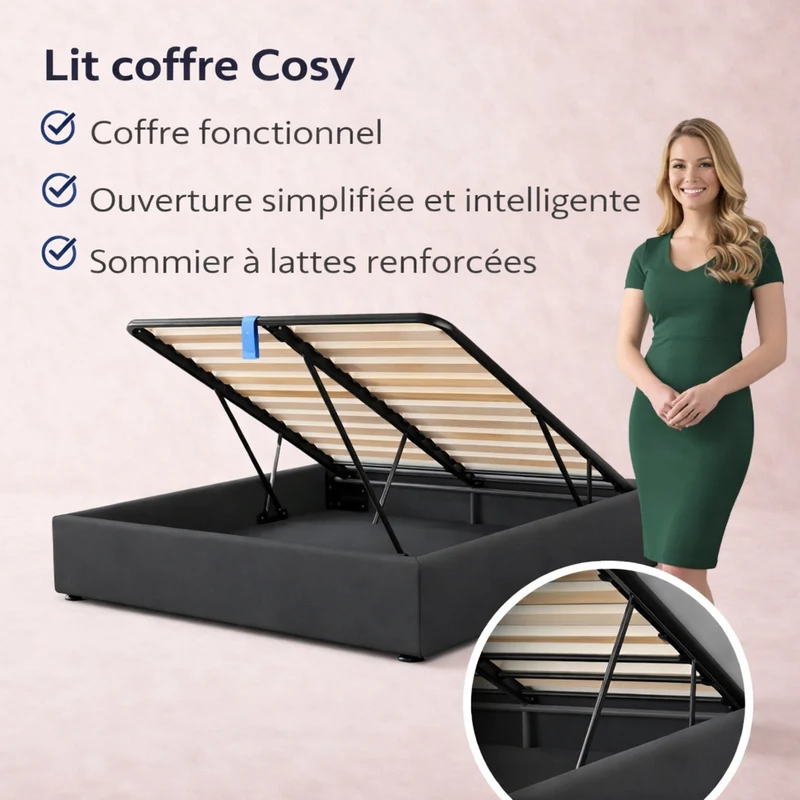 Cosy - Lit coffre avec sommier et cadre de lit en tissu Gris foncé