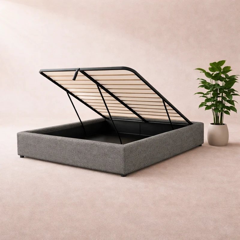 Cosy - Lit coffre avec sommier et cadre de lit en tissu bouclette Gris