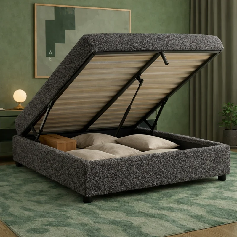 Cosy - Lit coffre avec sommier et cadre de lit en tissu bouclette Gris
