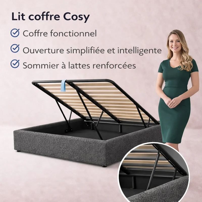 Cosy - Lit coffre avec sommier et cadre de lit en tissu bouclette Gris