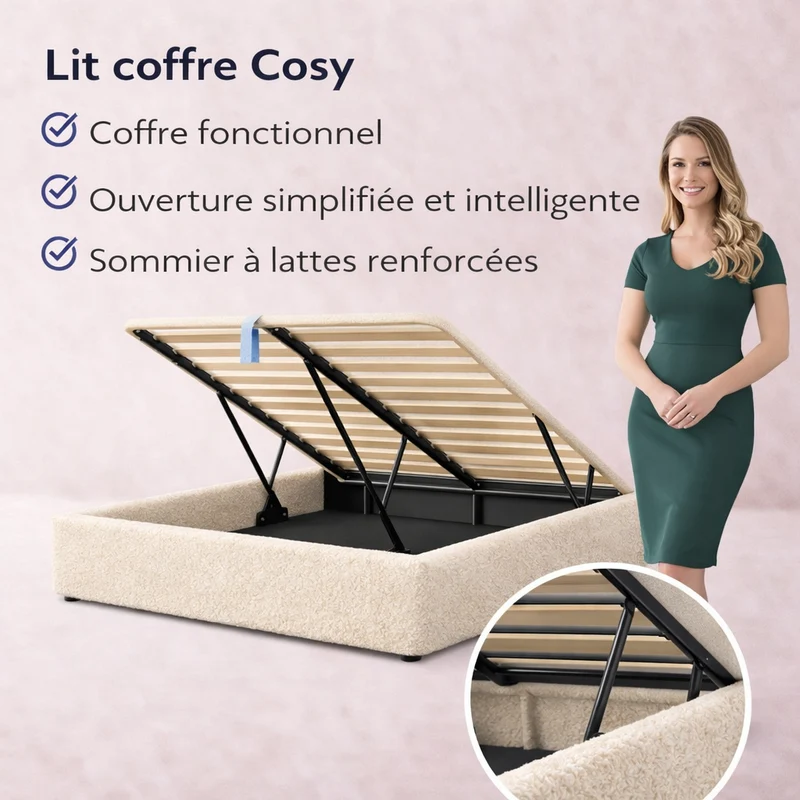 Cosy - Lit coffre avec sommier et cadre de lit en tissu bouclette Beige