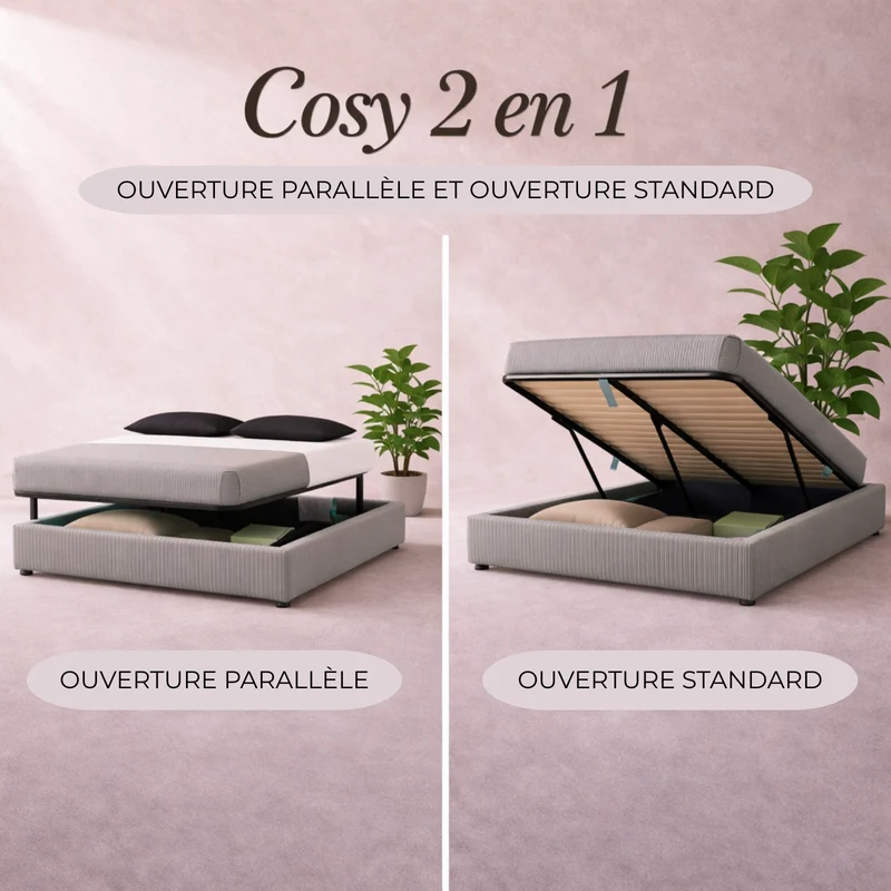Cosy - Lit coffre innovant et cadre de lit en velours côtelé Gris