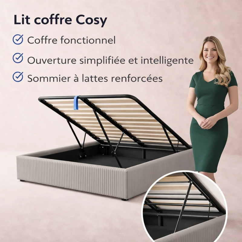 Cosy - Lit coffre avec sommier et cadre de lit en velours côtelé Gris