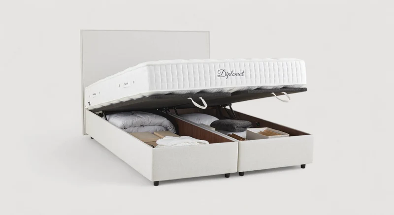 Pack lit coffre, matelas et tête de lit NINA Queens Beige