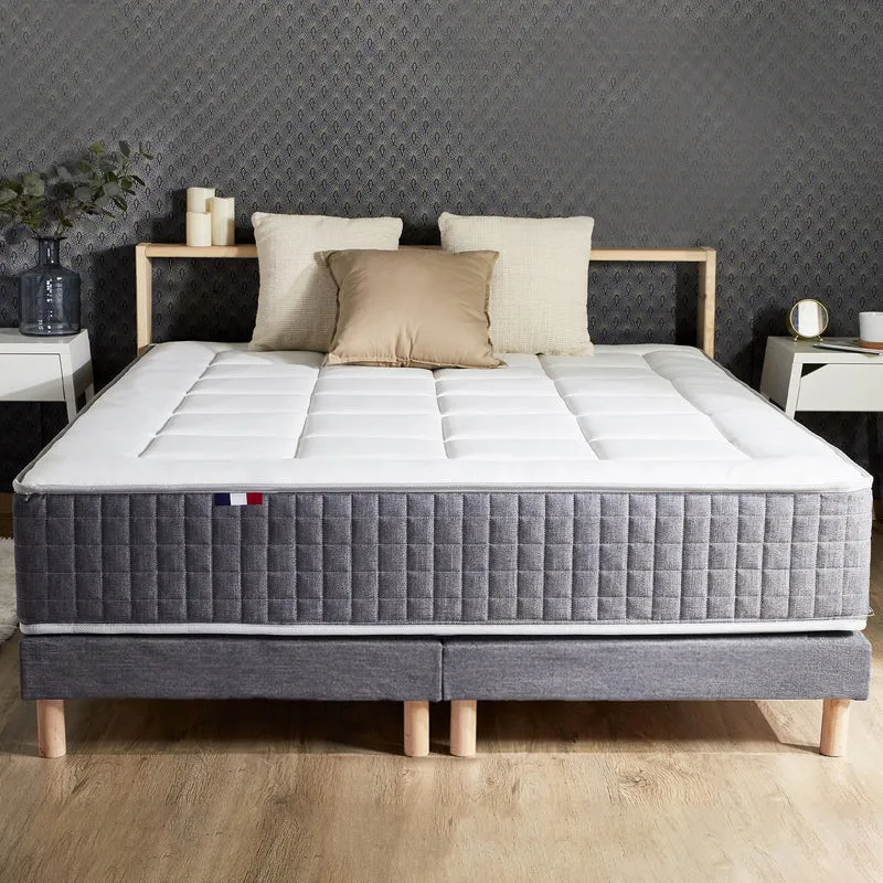 Pack matelas 30 cm 7 zones sommier bleu couette oreillers 180x200 cm