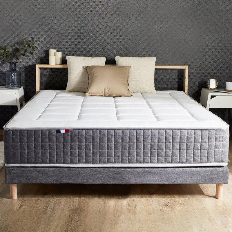 Pack matelas 30 cm 7 zones sommier bleu couette oreillers 140x190 cm