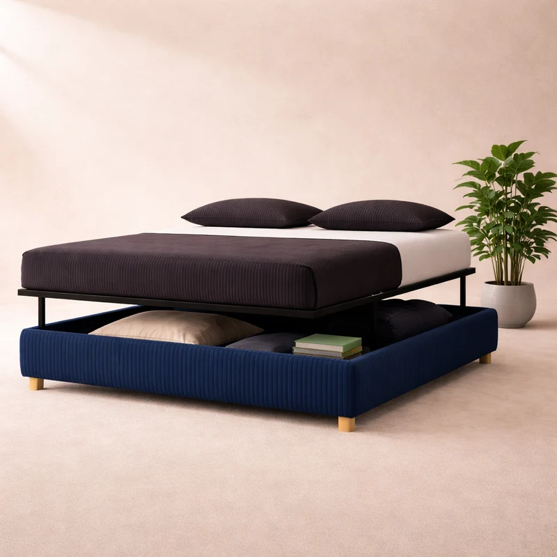 Cosy - Lit coffre innovant et cadre de lit en velours côtelé Bleu nuit