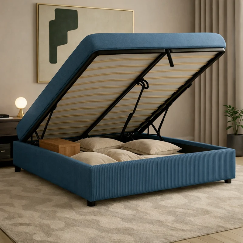Cosy - Lit coffre électrique et cadre de lit en velours côtelé Bleu nuit