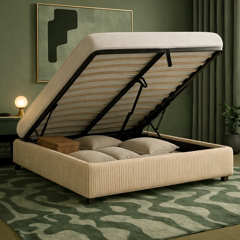 Cosy - Lit coffre innovant et cadre de lit en velours côtelé Sable