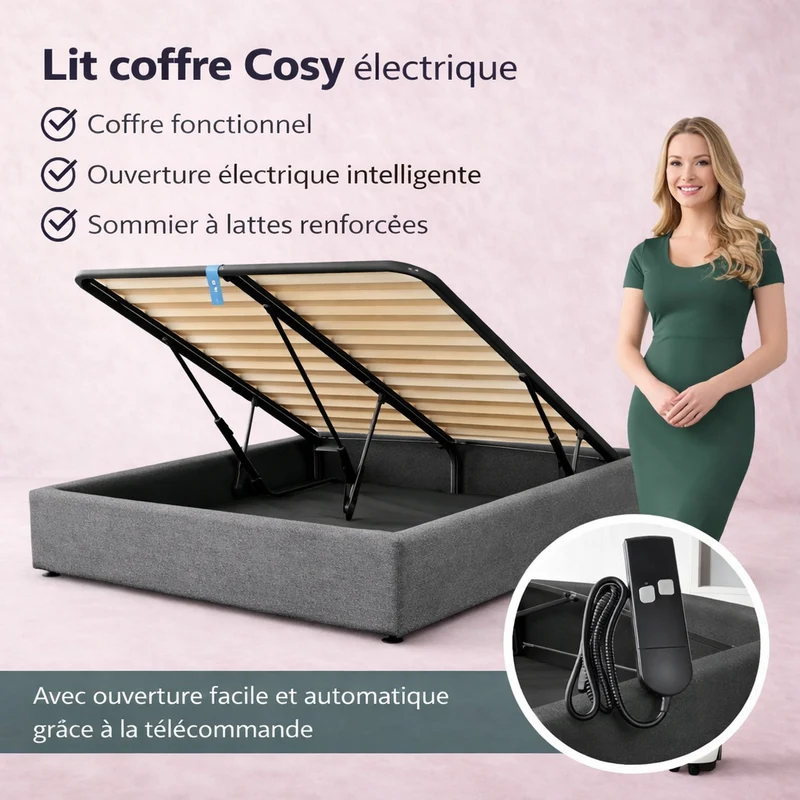Cosy - Lit coffre électrique et cadre de lit en tissu Gris clair