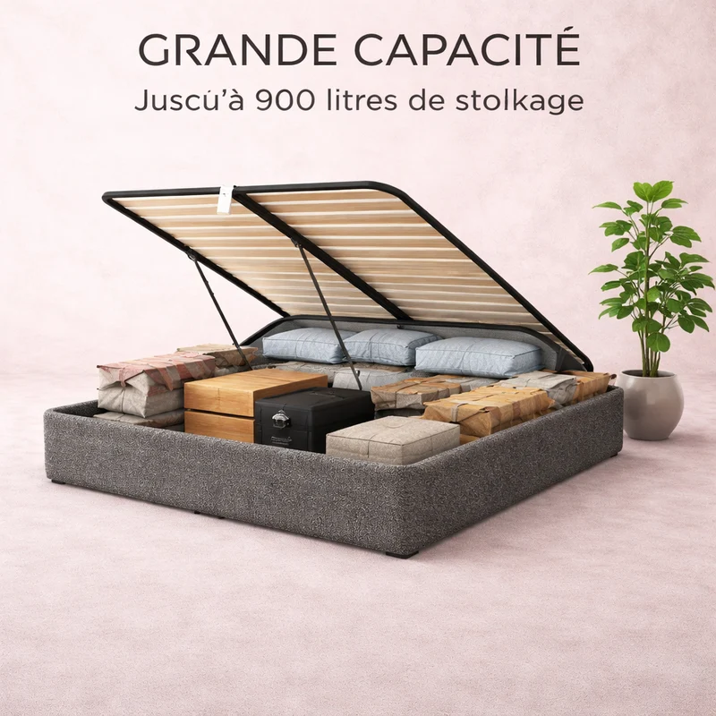 Cosy - Lit coffre avec sommier et cadre de lit en tissu bouclette Gris