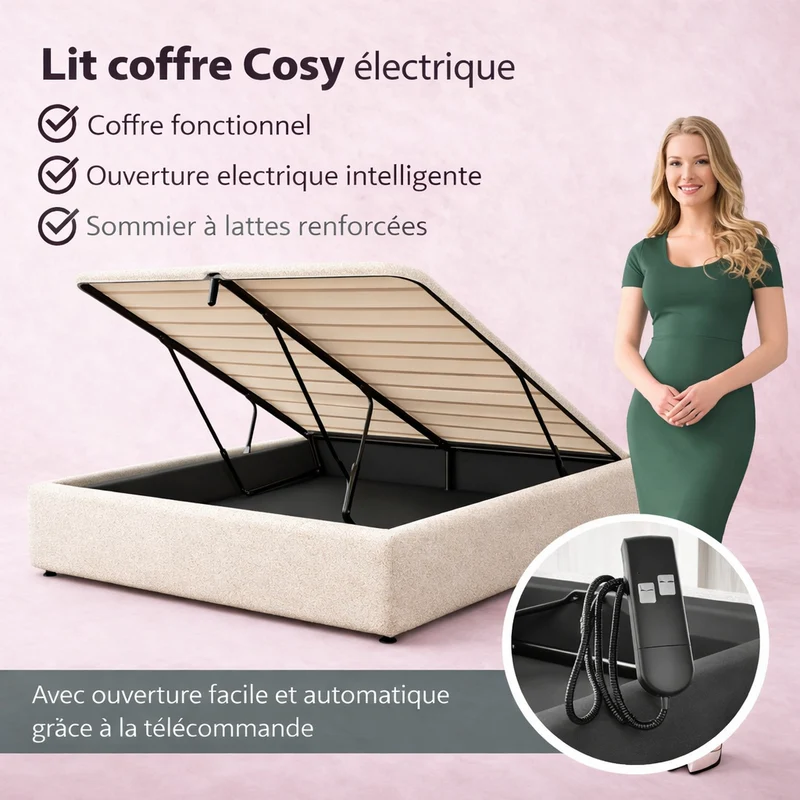 Cosy - Lit coffre électrique et cadre de lit en bouclette Beige