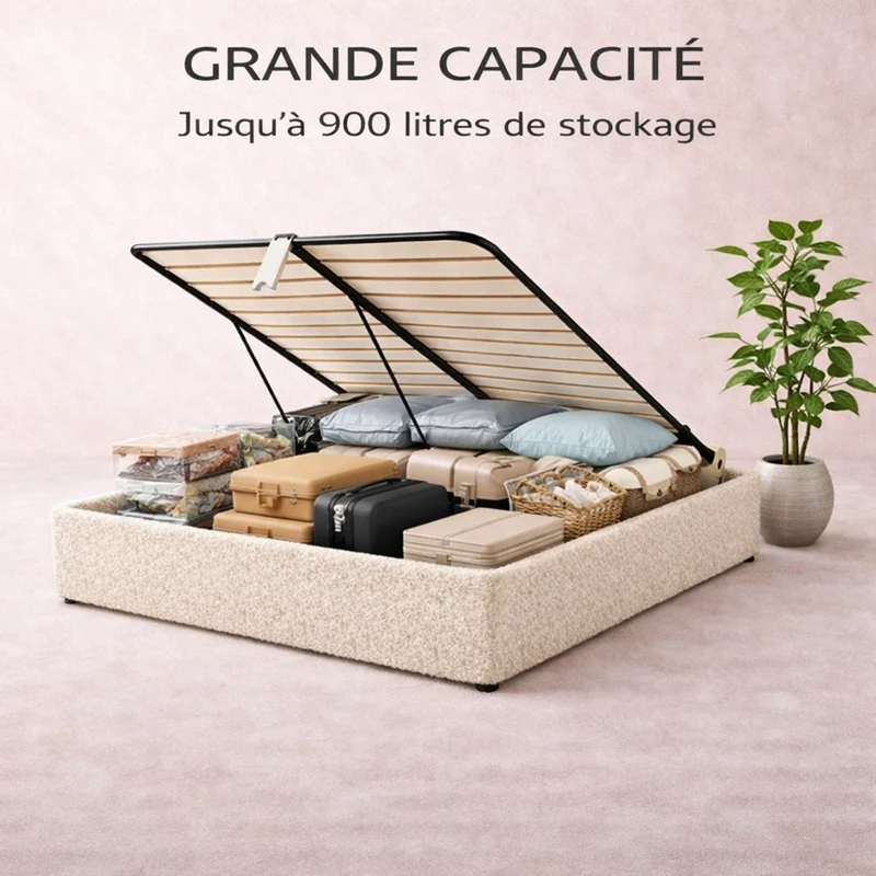 Cosy - Lit coffre électrique et cadre de lit en bouclette Beige