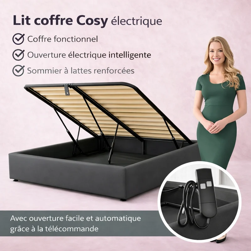 Cosy - Lit coffre électrique et cadre de lit en tissu Gris foncé