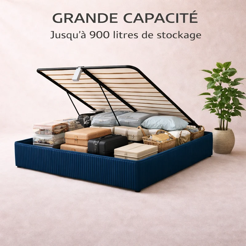 Cosy - Lit coffre électrique et cadre de lit en velours côtelé Bleu nuit