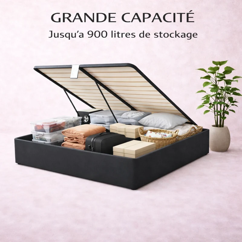 Cosy - Lit coffre avec sommier et cadre de lit en simili cuir Noir