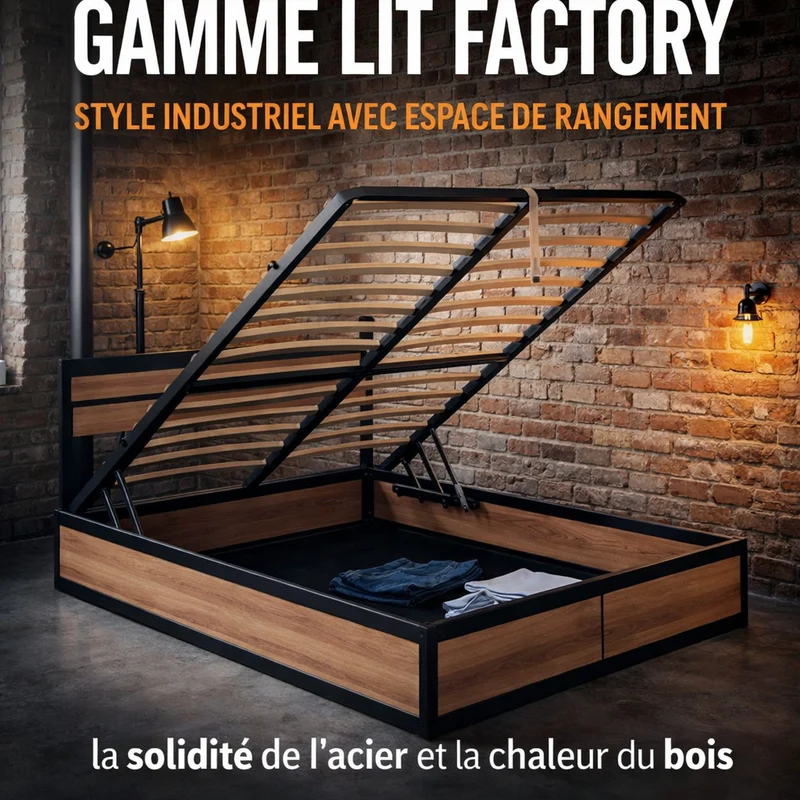 Factory - Lit coffre style industriel avec tête de lit Bois clair