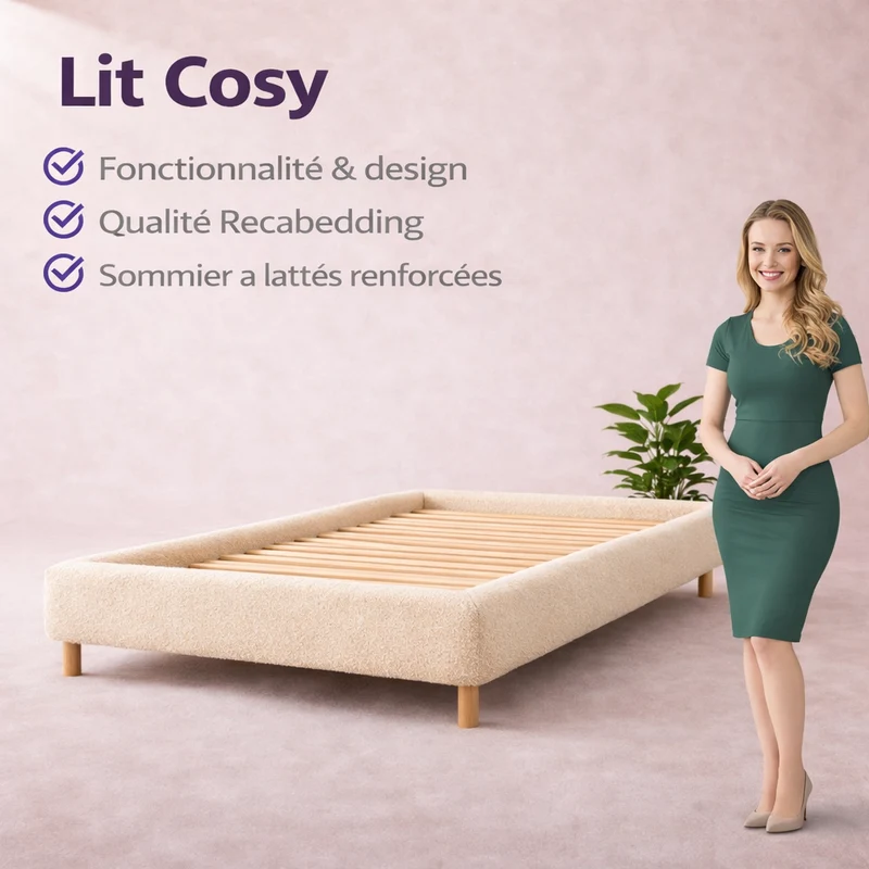 Cosy - Lit sans tête de lit cadre de lit en tissu bouclette Beige