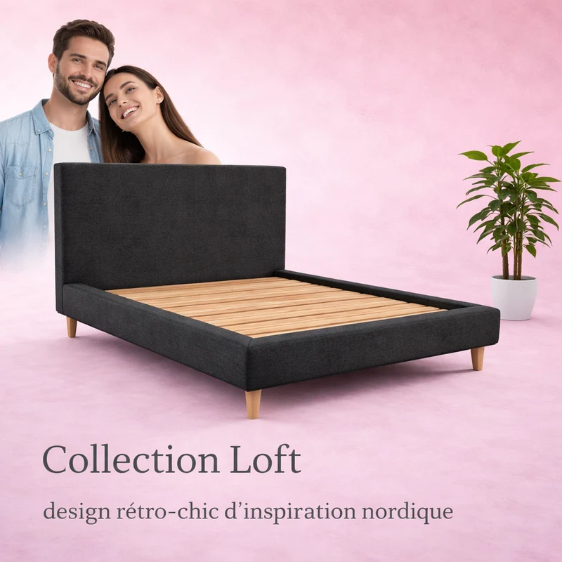 Loft - Lit avec tête de lit design nordique en tissu Gris foncé