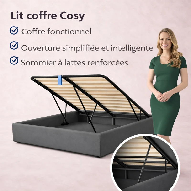 Cosy - Lit coffre avec sommier et cadre de lit en simili cuir Gris