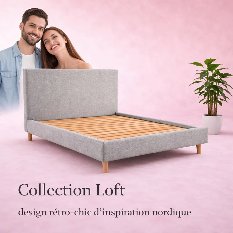 Loft - Lit avec tête de lit design nordique en tissu Gris clair