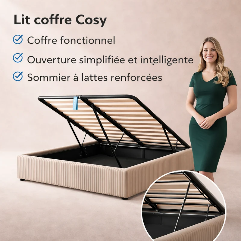 Cosy - Lit coffre avec sommier et cadre de lit en velours côtelé Sable