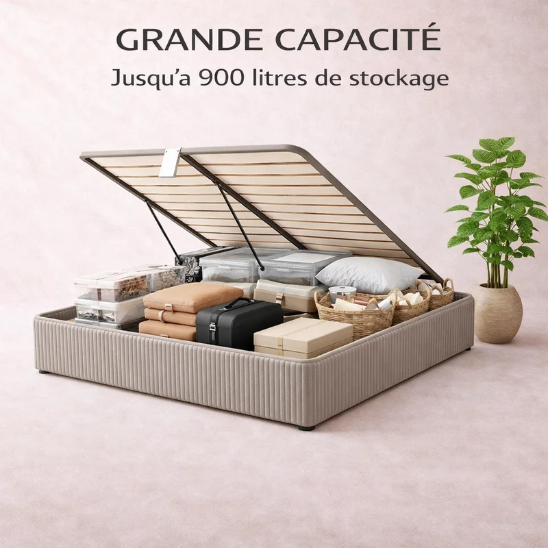 Cosy - Lit coffre avec sommier et cadre de lit en velours côtelé Gris