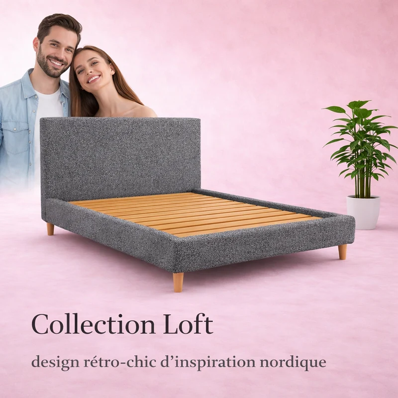 Loft - Lit avec tête de lit design nordique en tissu bouclette Gris