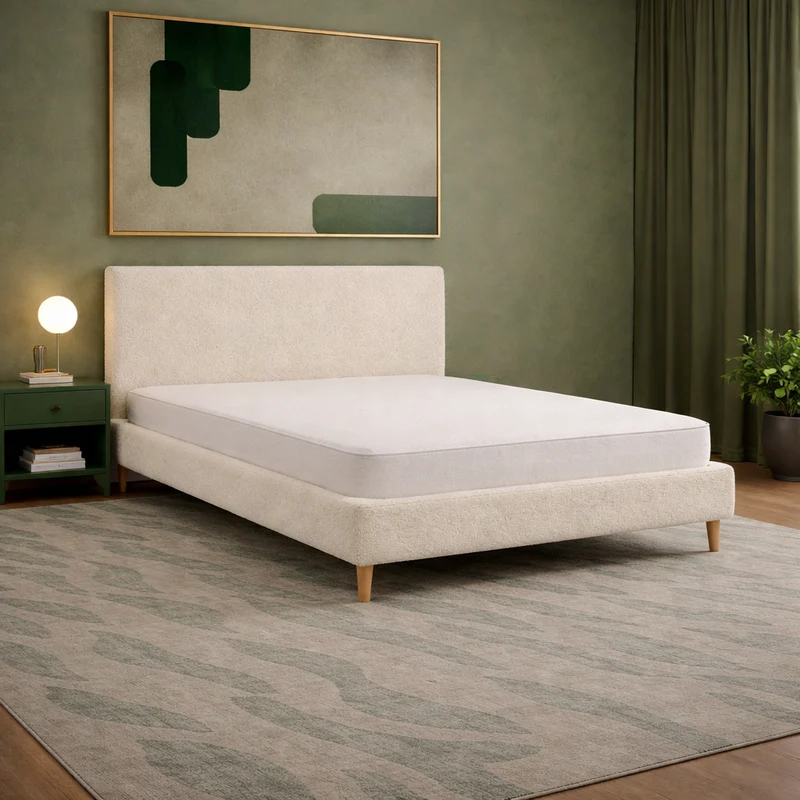 Loft - Lit avec tête de lit design nordique en tissu bouclette Sable