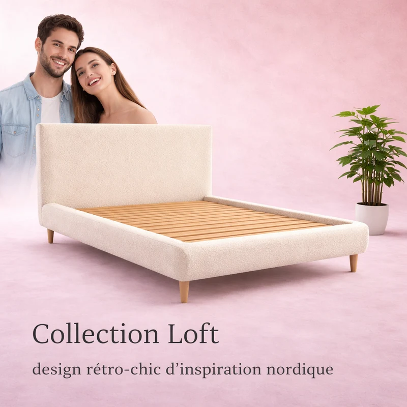 Loft - Lit avec tête de lit design nordique en tissu bouclette Sable