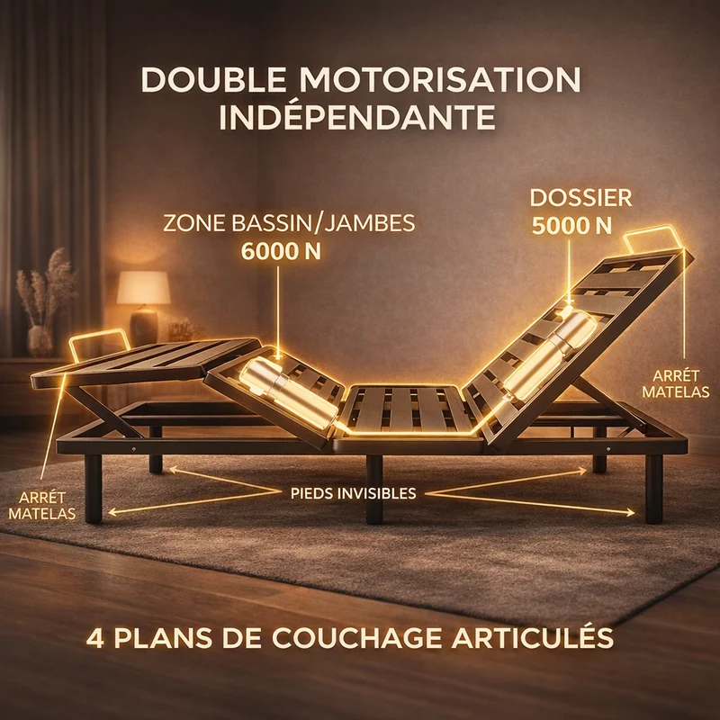 ErgoFlex - Sommier électrique à lattes orthopédiques double motorisation