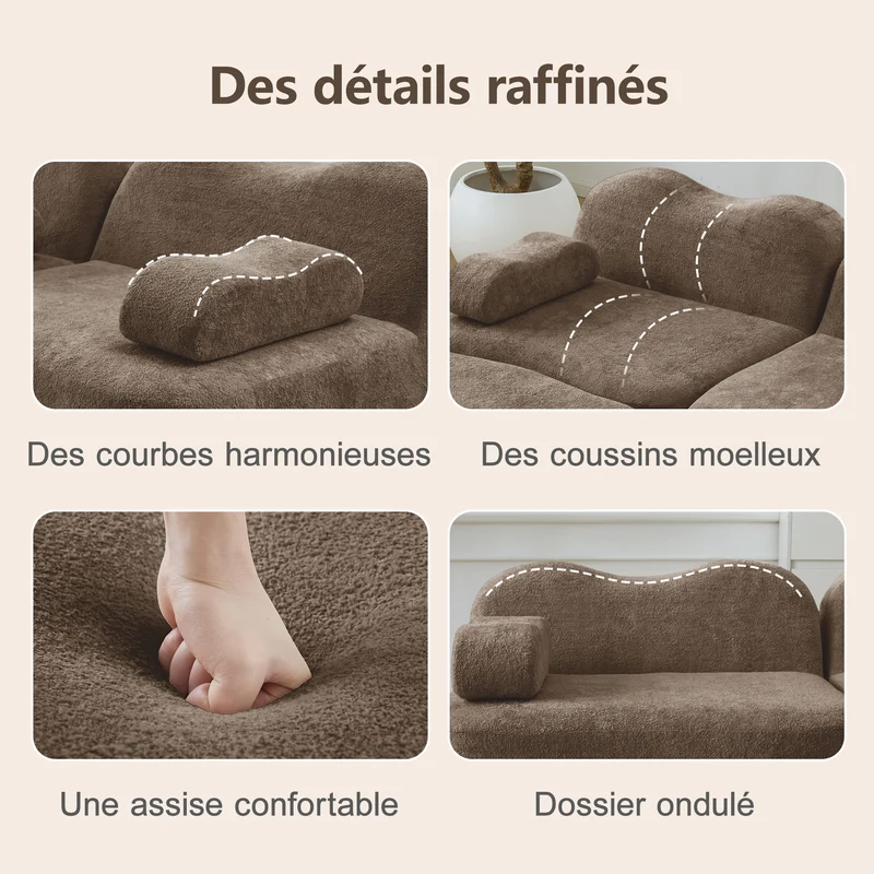 Canapé 2 places modulable en velours marron, 192 cm, design ondulé, sans montage