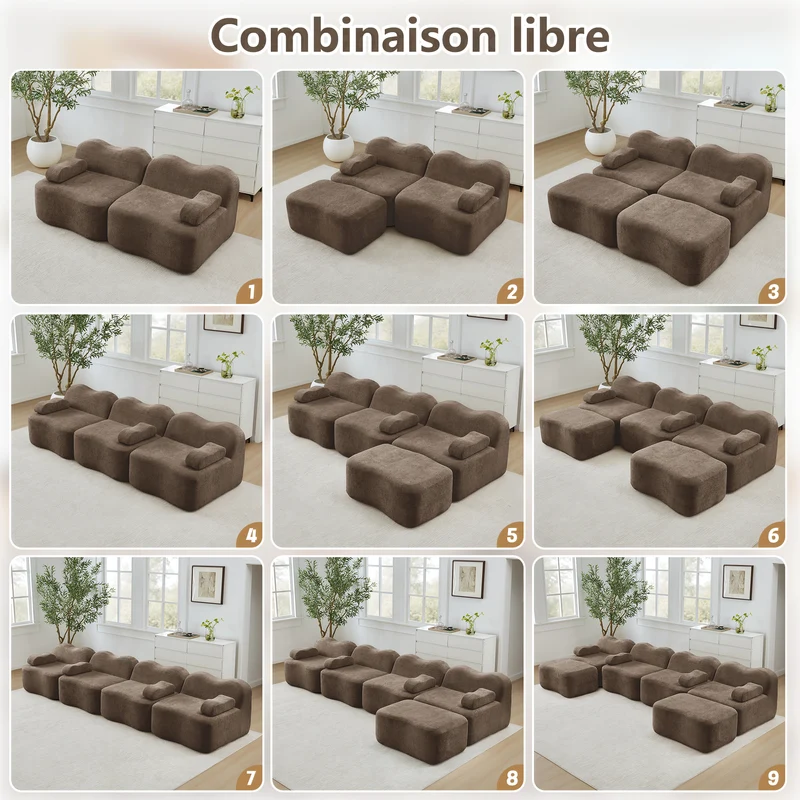 Canapé 2 places modulable en velours marron, 192 cm, design ondulé, sans montage