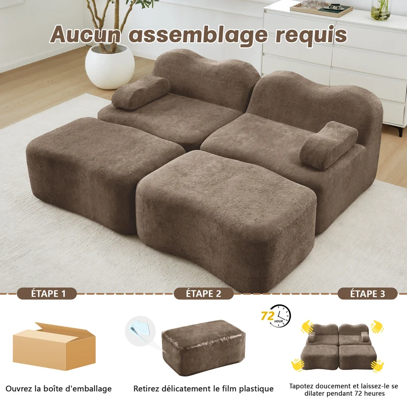 Canapé 2 places modulable en velours marron, 192 cm, design ondulé, sans montage
